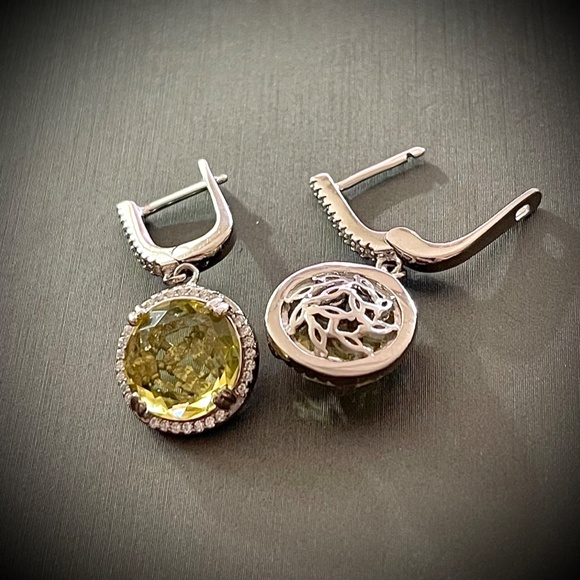 Natural Top Yellow Lemon Quartz White Gold Plated Sterling Earrings - Picture 2 of 7